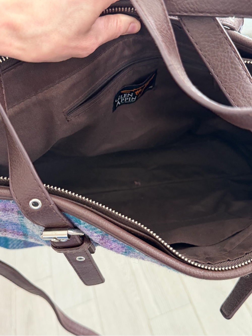 The Glen Appin Harris Tweed Classic Spey Tote Purple Teal Wool Bag GUC - Picture 8 of 14